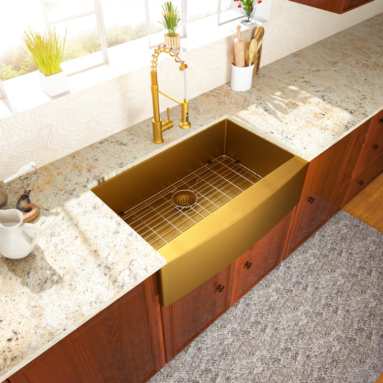 36 Inch Farmhouse Kitchen Sink Gold Apron Front 16 Gauge Stainless Steel Deep Single Bowl Kitchen Farm Sinks