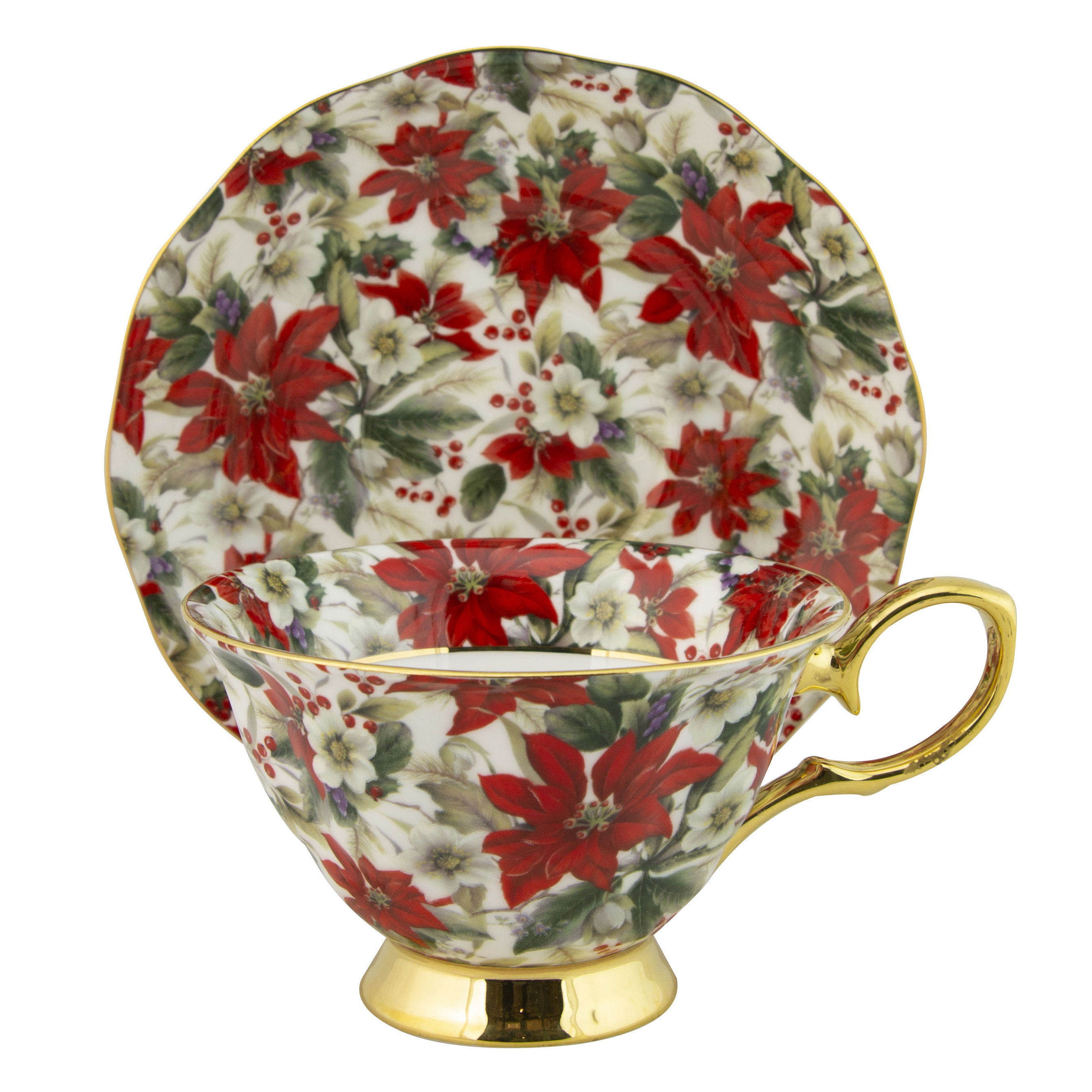 The Holiday Aisle Remus Gold Poinsettia Chintz Bone China Teacup The Holiday Aisle Remus Gold Poinsettia