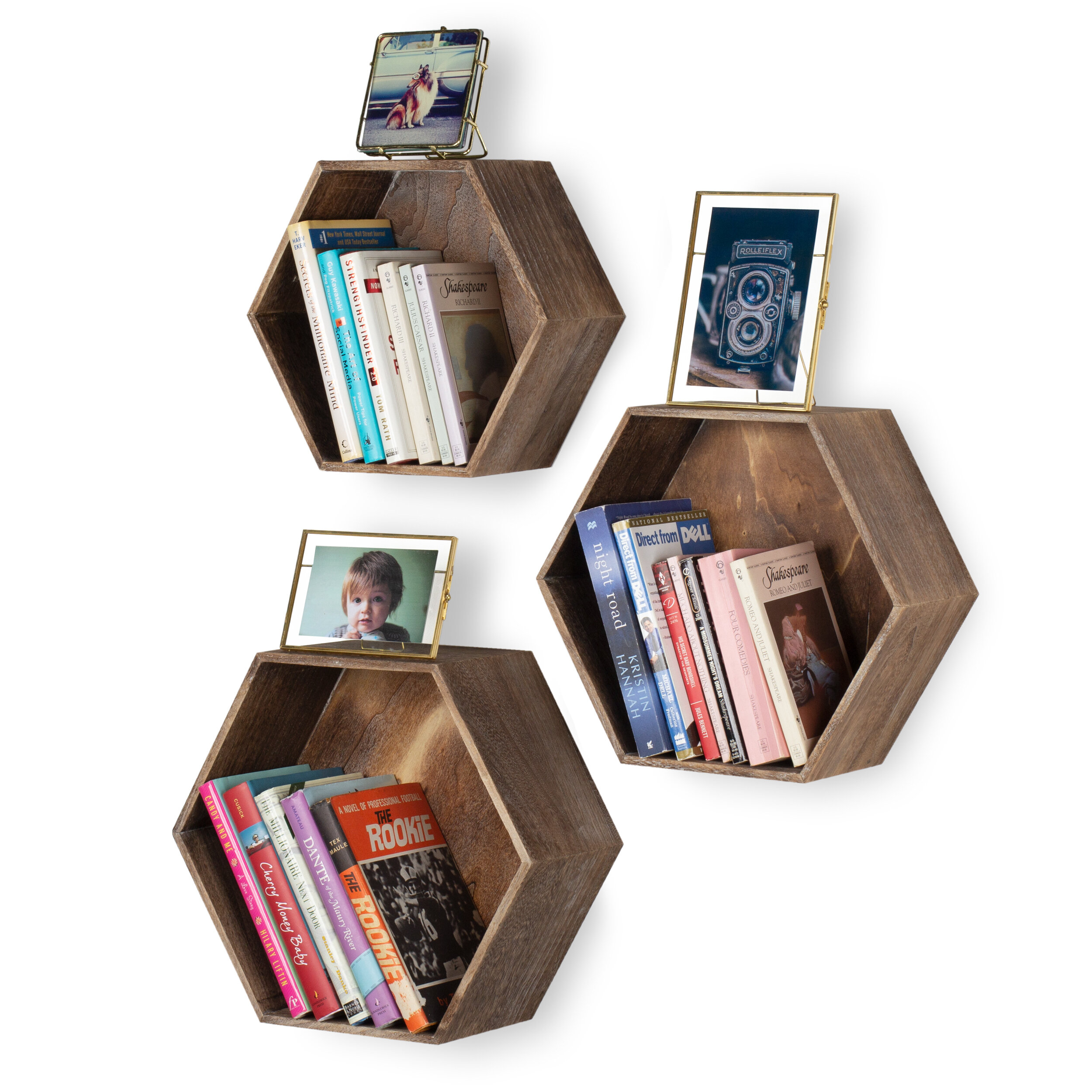Handmade Wooden Hexagon Shelves  Display Shelves  Walnut Wax Finish  Set Of 3 
