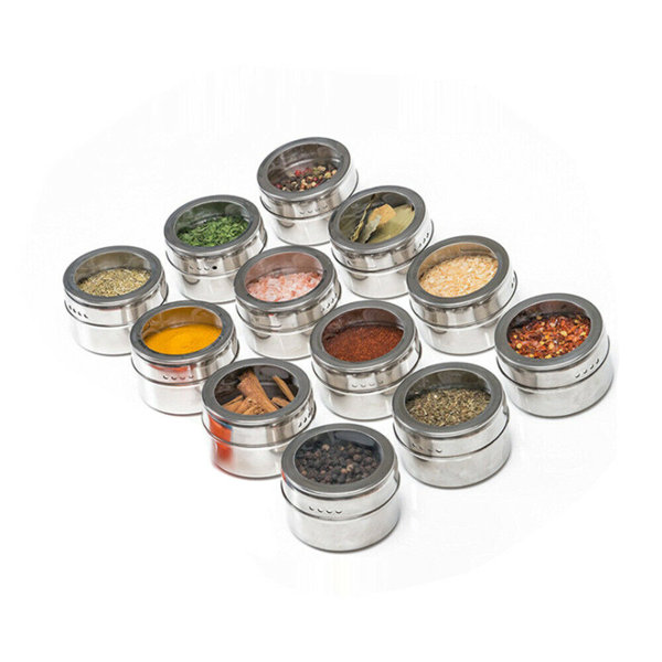 & 120 Spice Labels & Cooking tongs Stainless Steel Storage Container Jars Clear Lid with Sift & Pour for Small Kitchens Magnetic Spice Tins Rack Magnetic on Fridge Set of 12 