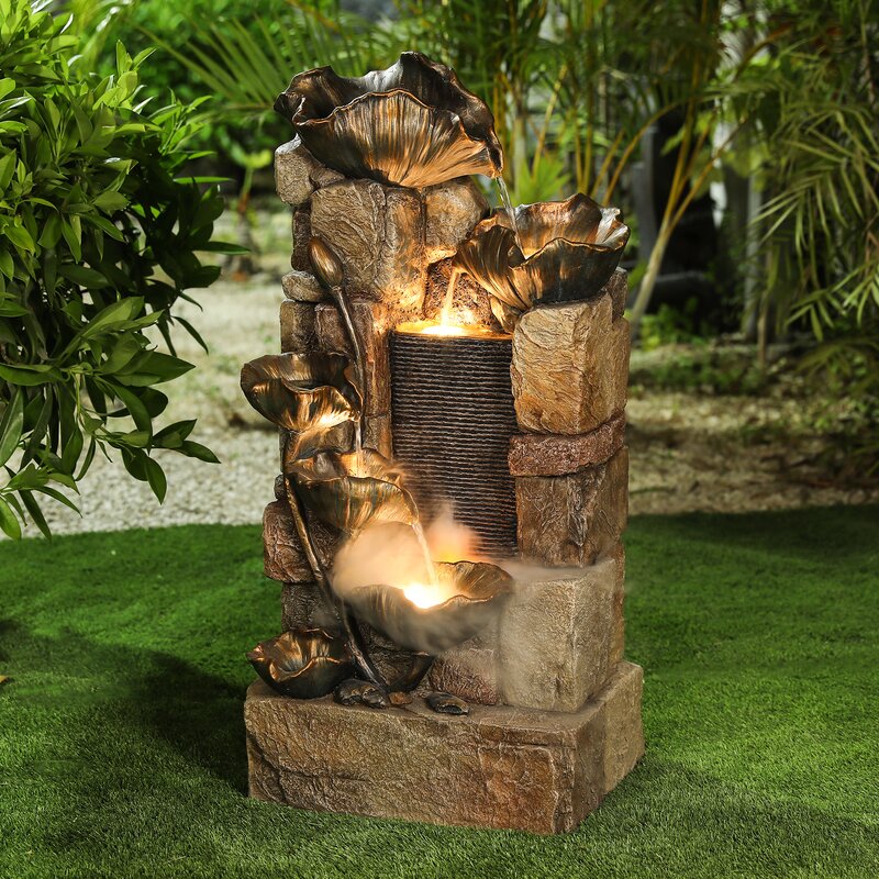Luxen Home Concrete Lotus Outdoor Fountain with LED Light | Wayfair