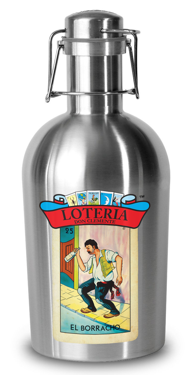 Loteria El Borracho Stainless Steel Growler 64 fl oz Water or Beer Canteen