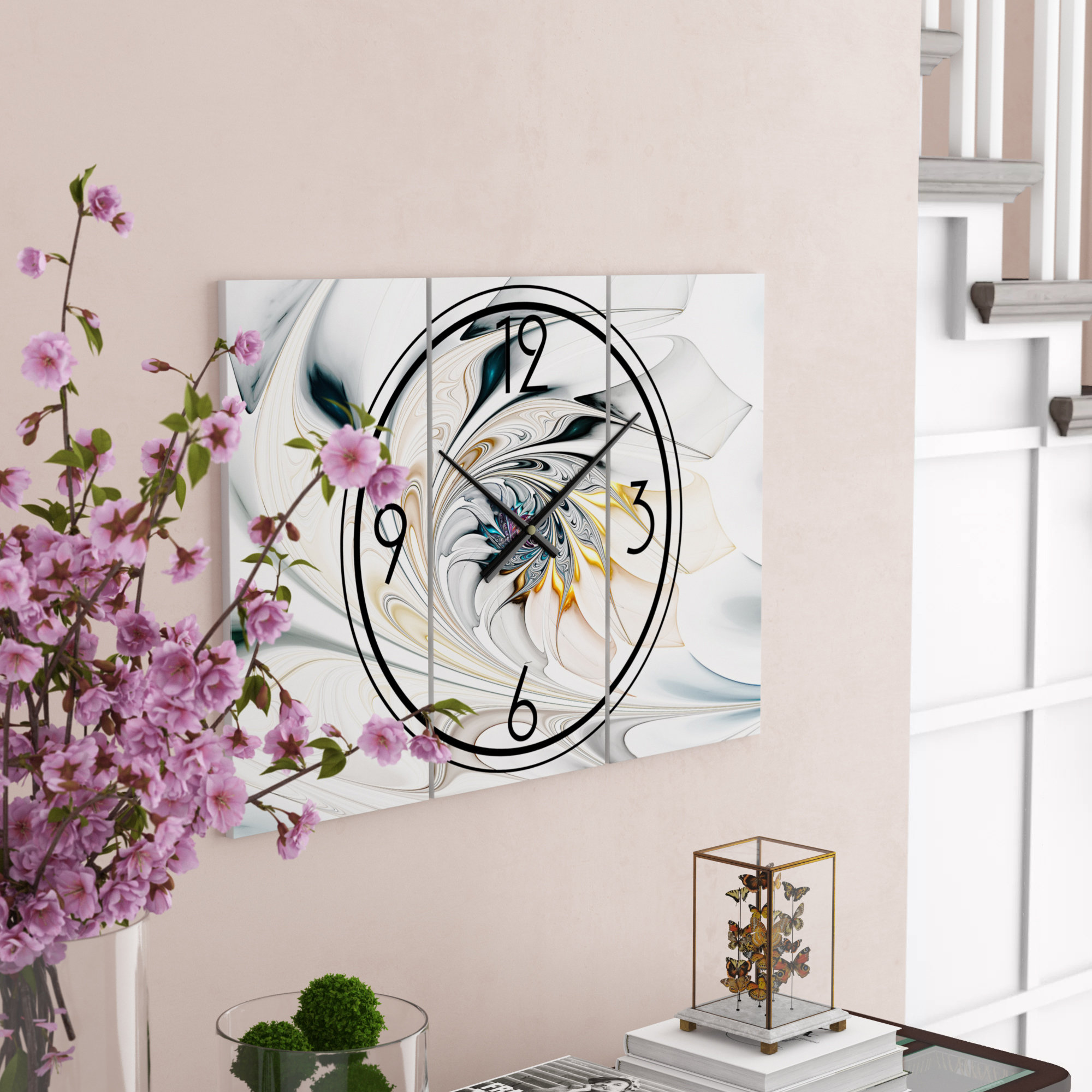 East Urban Home White Stained Glass Floral Art Modern wall clock