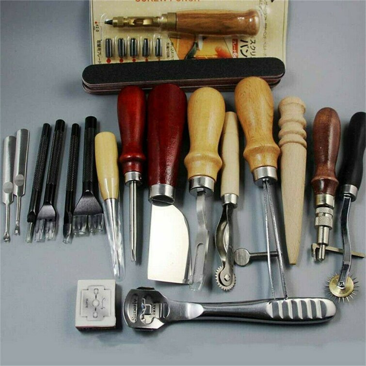 wayfair.co.uk | 18 Piece Leather Craft Punch Tool Kit Stitching Carving Working Sewing Saddle Groover for DIY