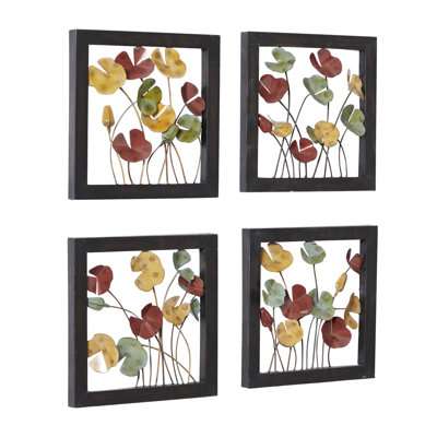 Metal Floral Multi Colored Wall Decor with Black Frame Set