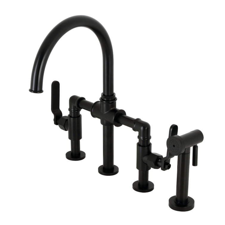 Kingston Brass KS2330KL Whitaker Industrial Style Bridge Kitchen Faucet  With Brass Sprayer, Matte Black