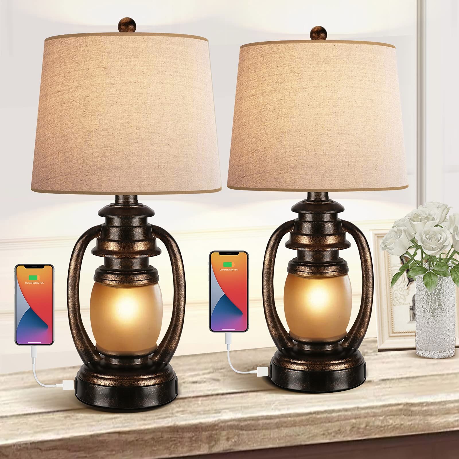 Longshore Tides Farmhouse Bedside Table Lamps For Living Room Set Of 2  Oatmeal Tapered Drum Shade Rustic Bedroom Nightstand Lamps With 2 USB Port  And Outlet | Wayfair