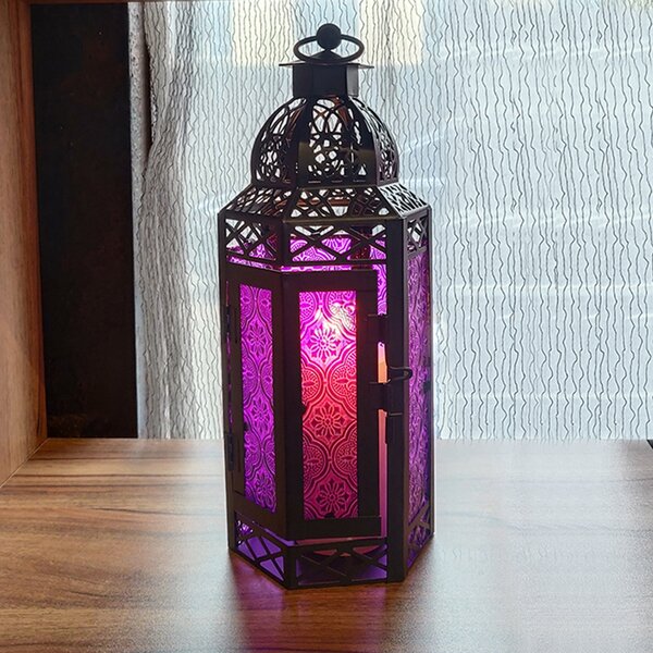 Beautiful Bronze Effect Embossed Multi-Coloured Glass Moroccan Style Metal Lantern Lamp Indoors Outdoors 