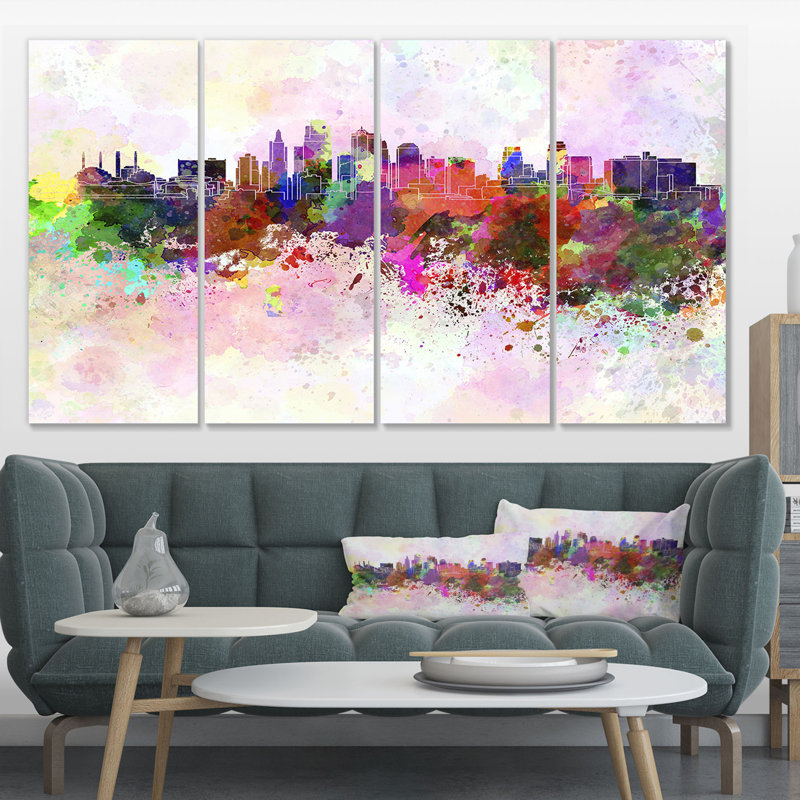 Designart Kansas City Skyline Cityscape 4 Piece Painting Print On