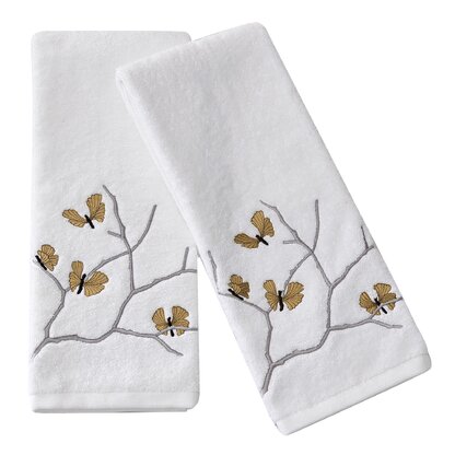 NEW Set of 2 Beige Deluxe Fingertip Towels with Pink Embroidered Flower 