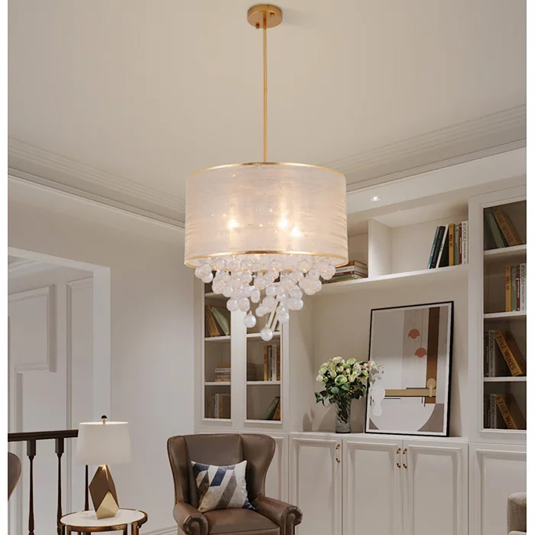 Rosdorf Park Ceiling Light 21" Pendant Round Gold Fabric Cloth Shade 4