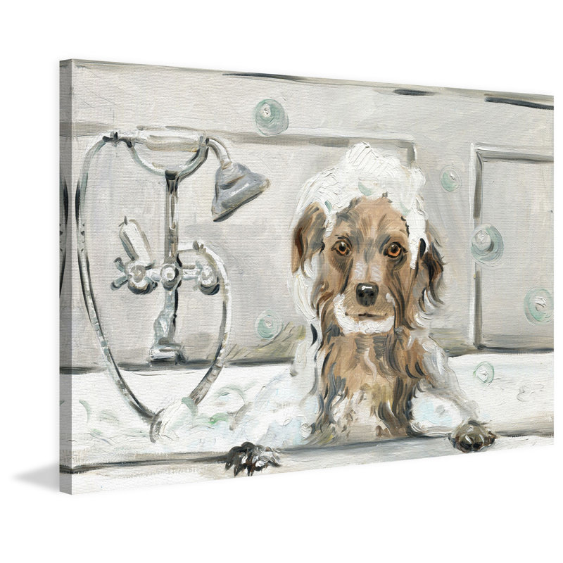 Charlton Home Bubble Bath Puppy Wrapped Canvas Oil Painting