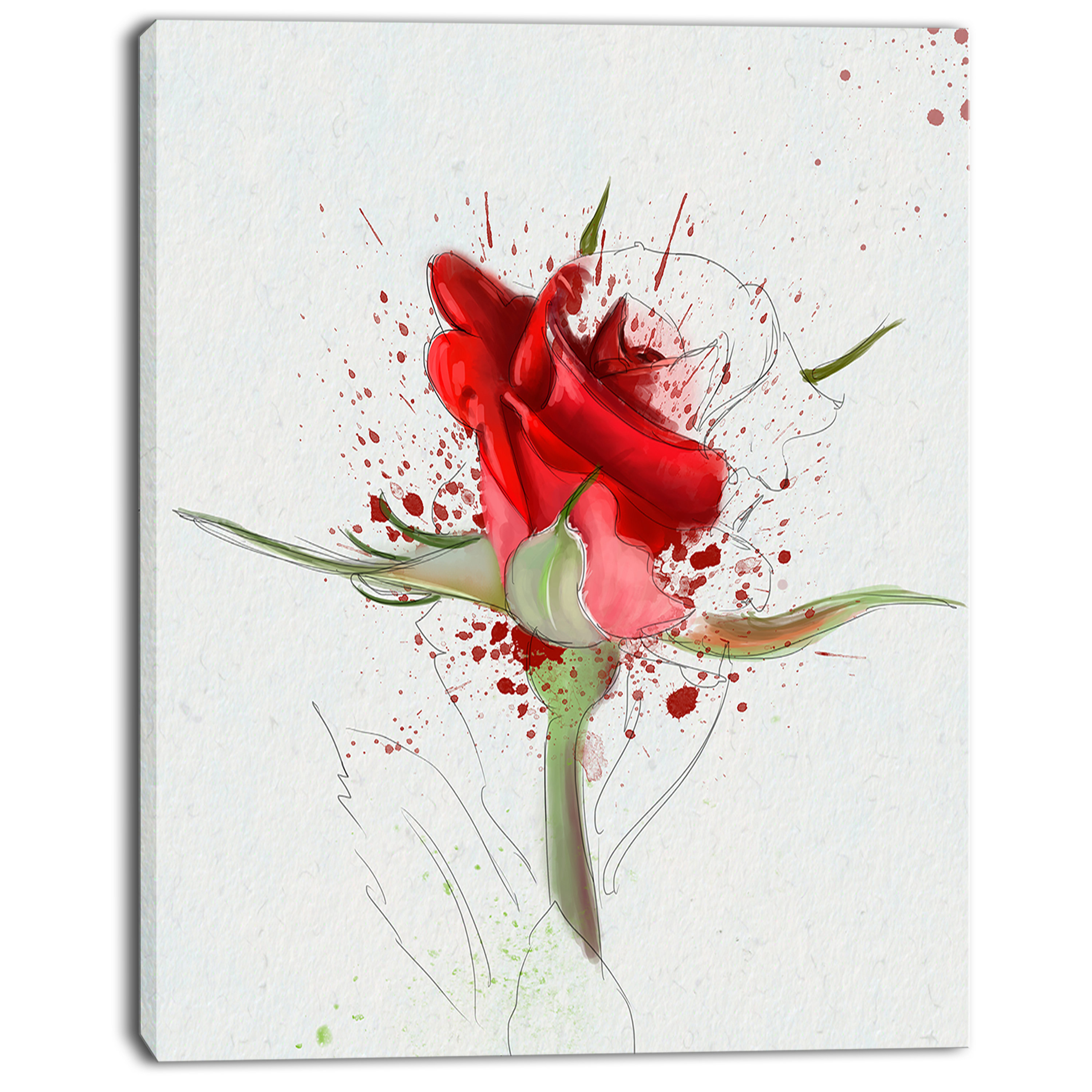 Bright Hand Drawn Red Rose Sketch Painting Print On Wrapped Canvas