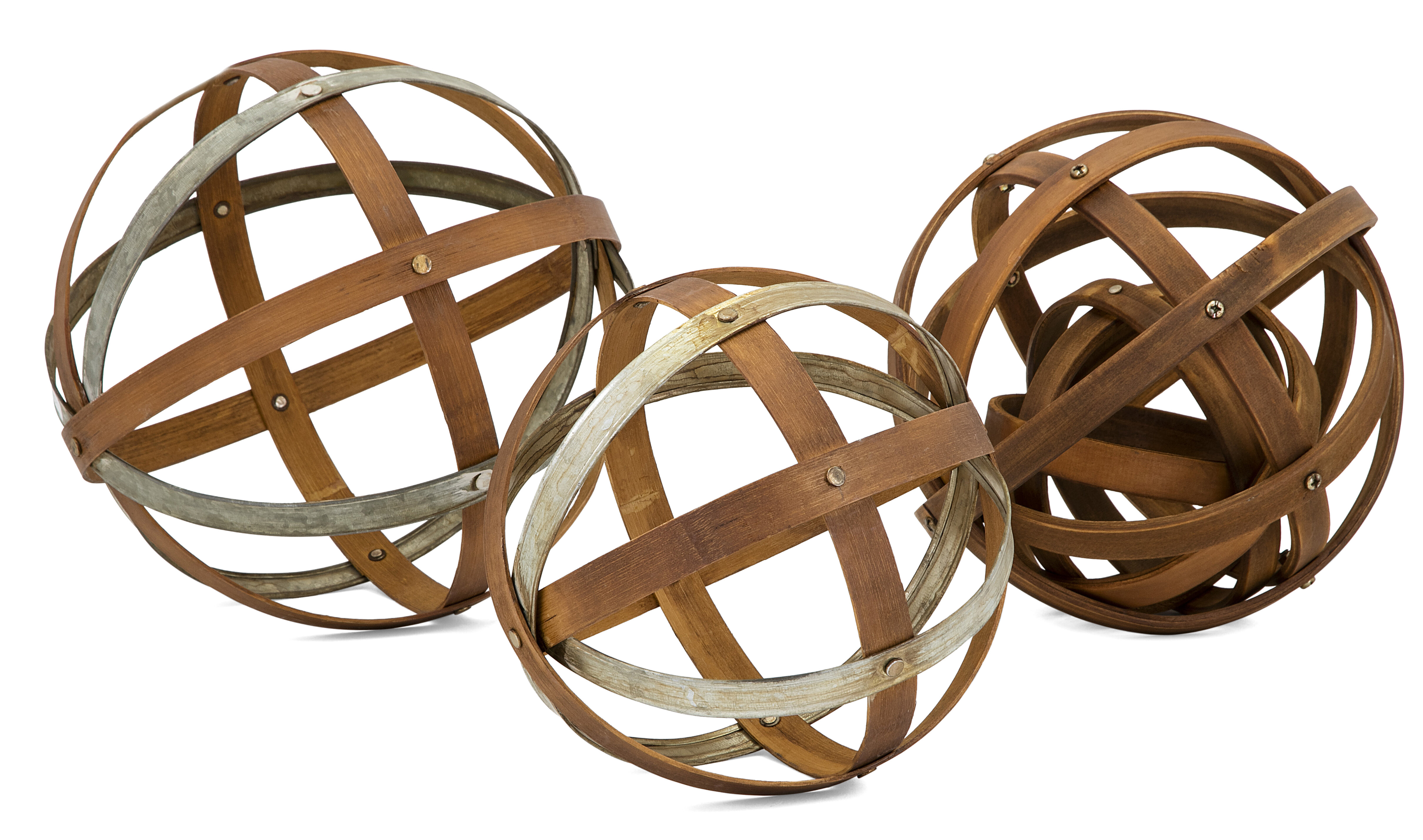 Wood And Metal Spheres 3 Piece Sculpture Set