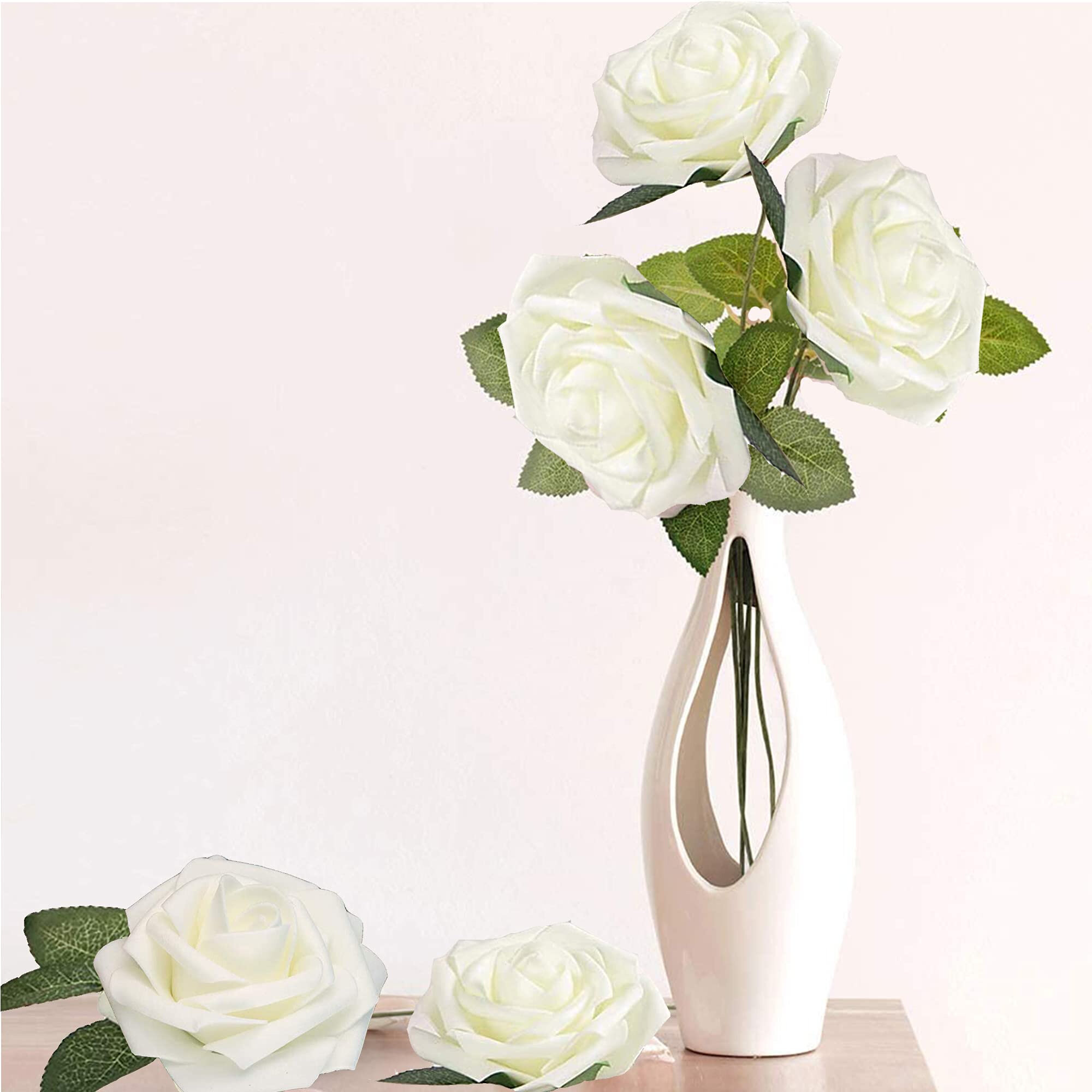 50pcs Artificial Flowers Foam Roses with stem Wedding Bride Bouquet Party Decor.