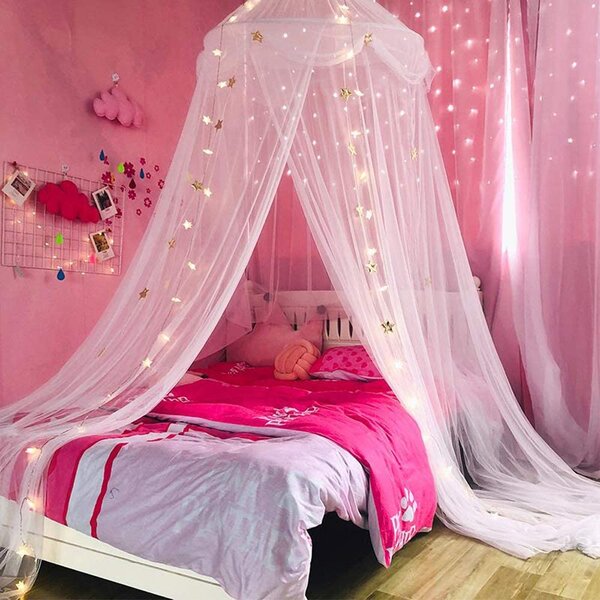 Bed Canopy with 18 Colors LED Star String Lights White Canopy Bed Curtains with Pink Lights for Girls Kids Beds Queen Princess Hanging Mosquito Bed Netting for Twin Full Queen King Bed 