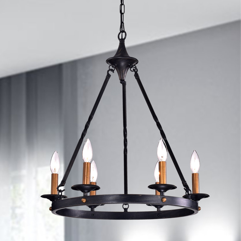 Millwood Pines Brian 6 Light Candle Style Wagon Wheel Chandelier Millwood Pines Brian 6 Light Candle
