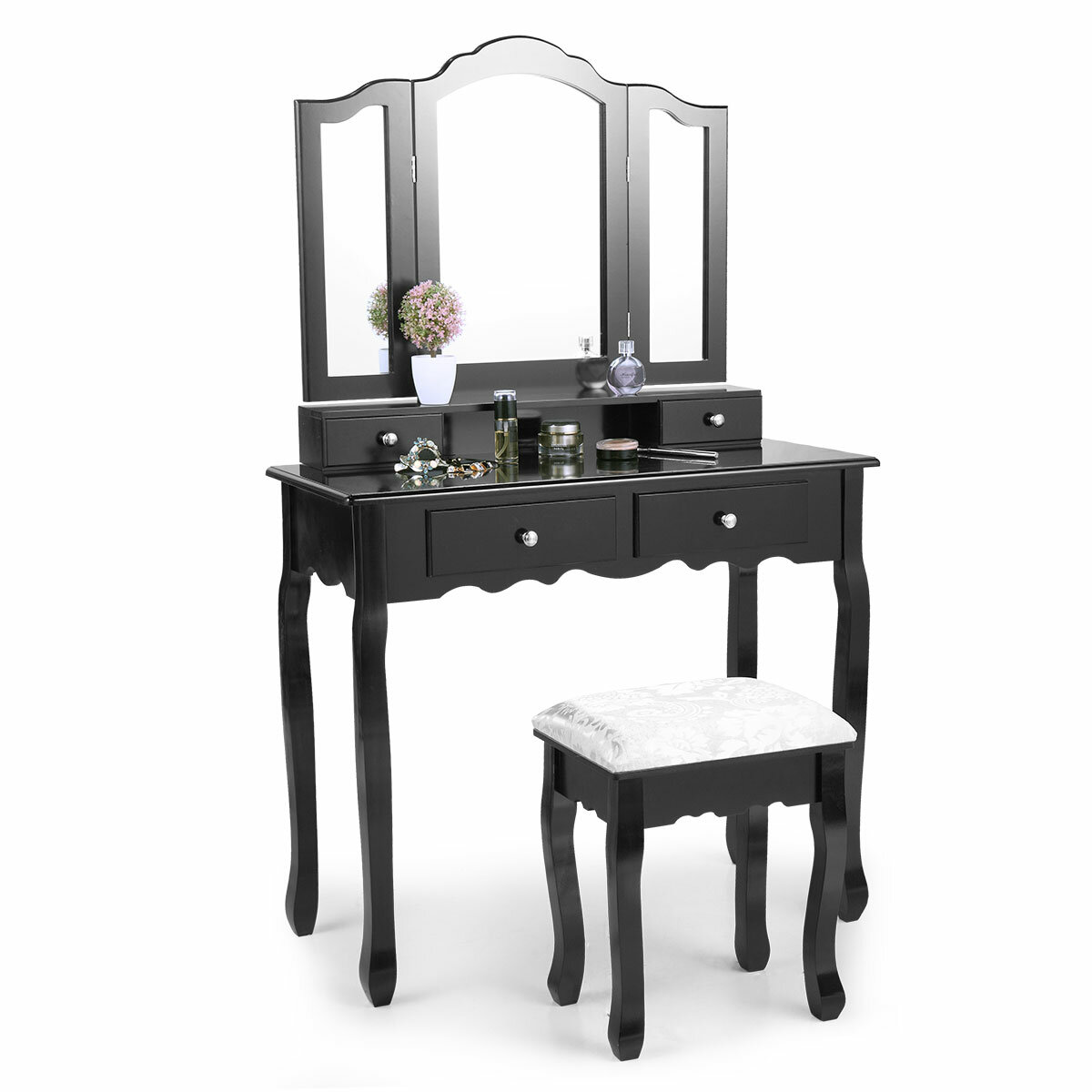 Rosdorf Park Classical Makeup Vanity Set With Tri Folded Mirror