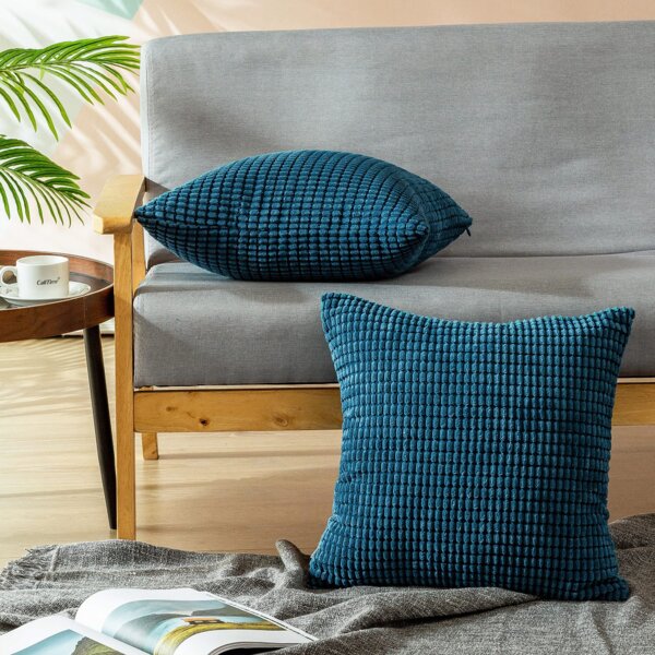 2Pcs Sea Blue Throw Pillows Covers Corn Soft Corduroy Striped Sofa Decor 20x20" 
