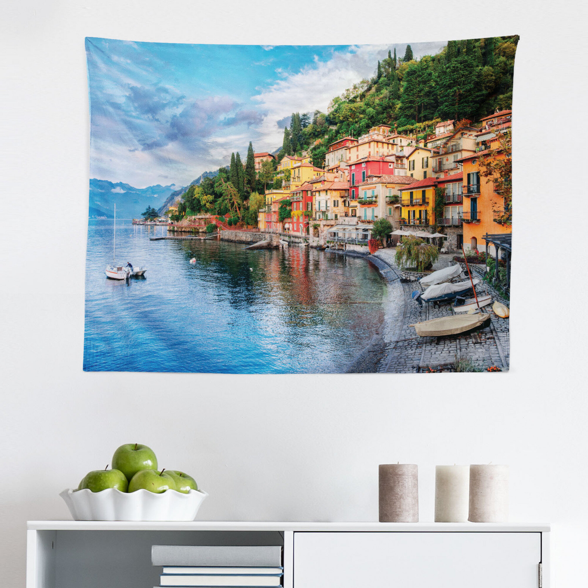Aagaard Art MEDITERRANEAN LANDSCAPE 44" WALL WOVEN TAPESTRY Lodge at Lake Como 