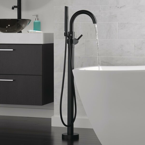 TURS Freestanding Bathtub Faucet Tub Waterfall Filler Floor Mount Bathroom Faucets Black Tap Single Handle with Hand Shower