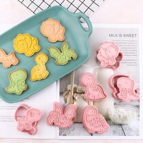 6 Pairs One Piece Cookie Cutters,Stampers 3D Biscuit Embossing Fondant Baking Tools