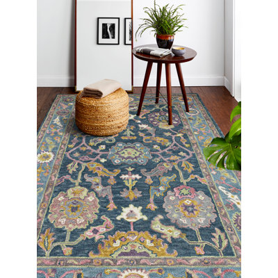 Lonnie Rectangle Floral Handmade Tufted Wool Area Rug in Teal