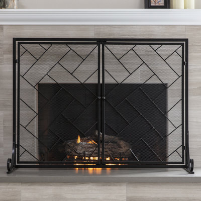 different color Amol 44x33in 2-Panel Handcrafted Wrought Iron Geometric Fireplace Screen w/ Magnetic Doors