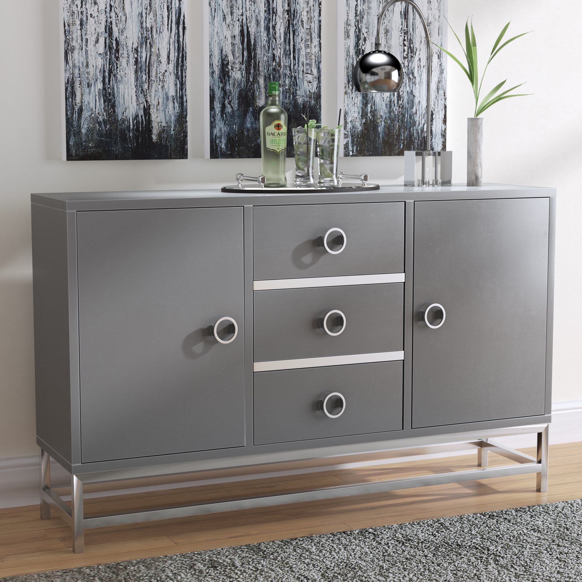 Orren Ellis Mccardle Modern 3 Drawer Wine Console Bar Cabinet