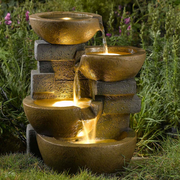 Resin/Fiberglass Zen Tiered Pots Fountain with LED Light