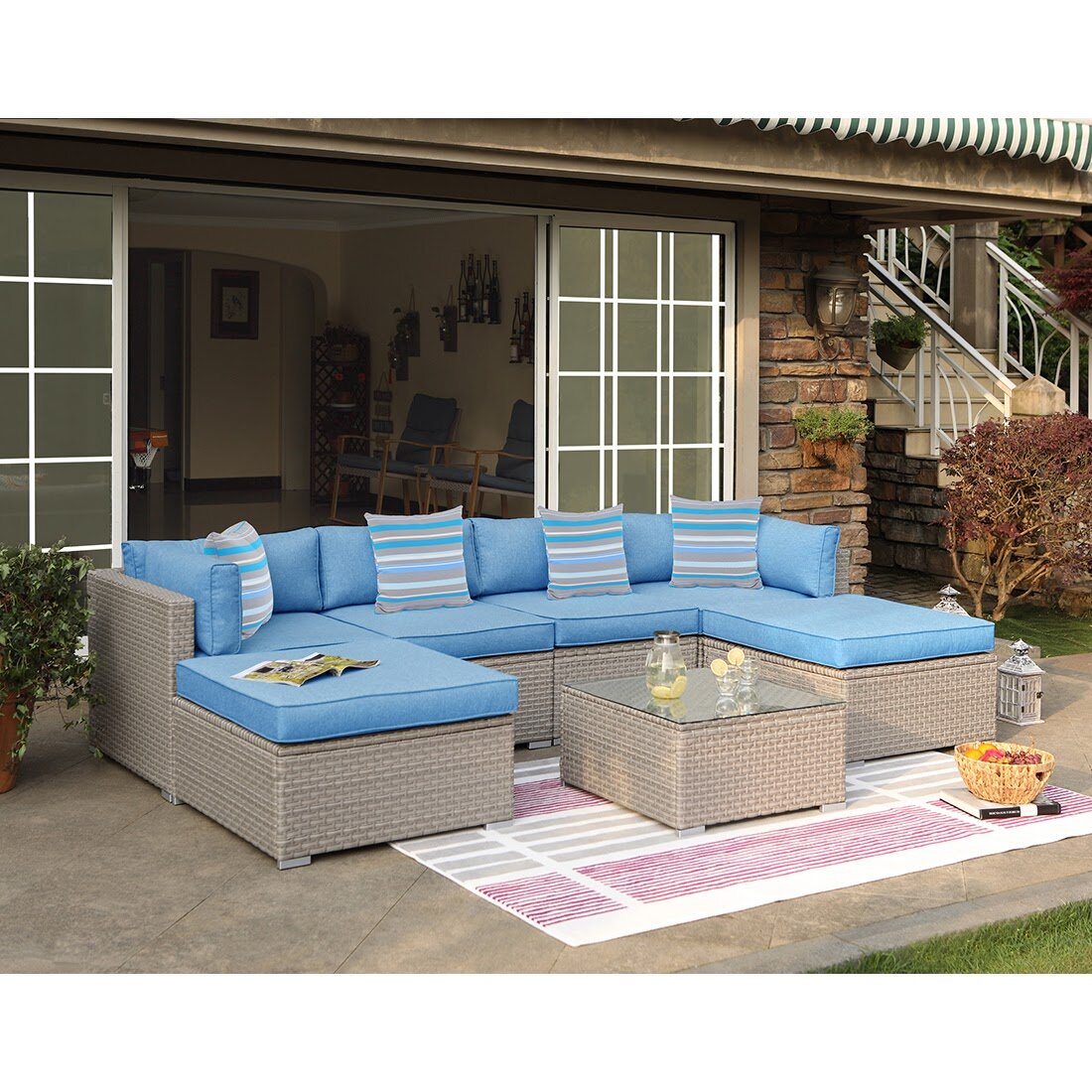 Rosecliff Heights 7 Piece Outdoor Furniture Set Warm Grey Wicker Sectional Sofa W Heritage Blue Cushions Glass Coffee Table 4 Stripe Woven Pillows For Garden Pool Backyard Reviews Wayfair Ca