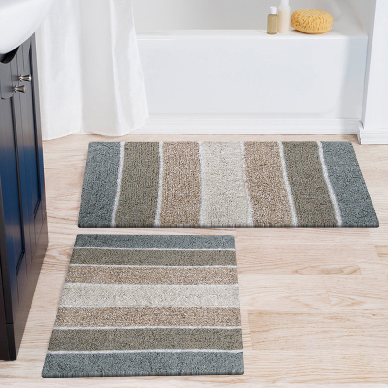 Red Barrel Studio® Crevantes Rectangle 100% Cotton Non-Slip Striped 2 piece Bath Rug Set & Reviews