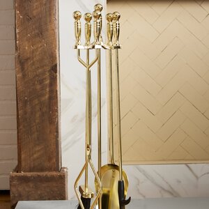 4 Piece Polished Brass Fireplace Tool Set With Stand