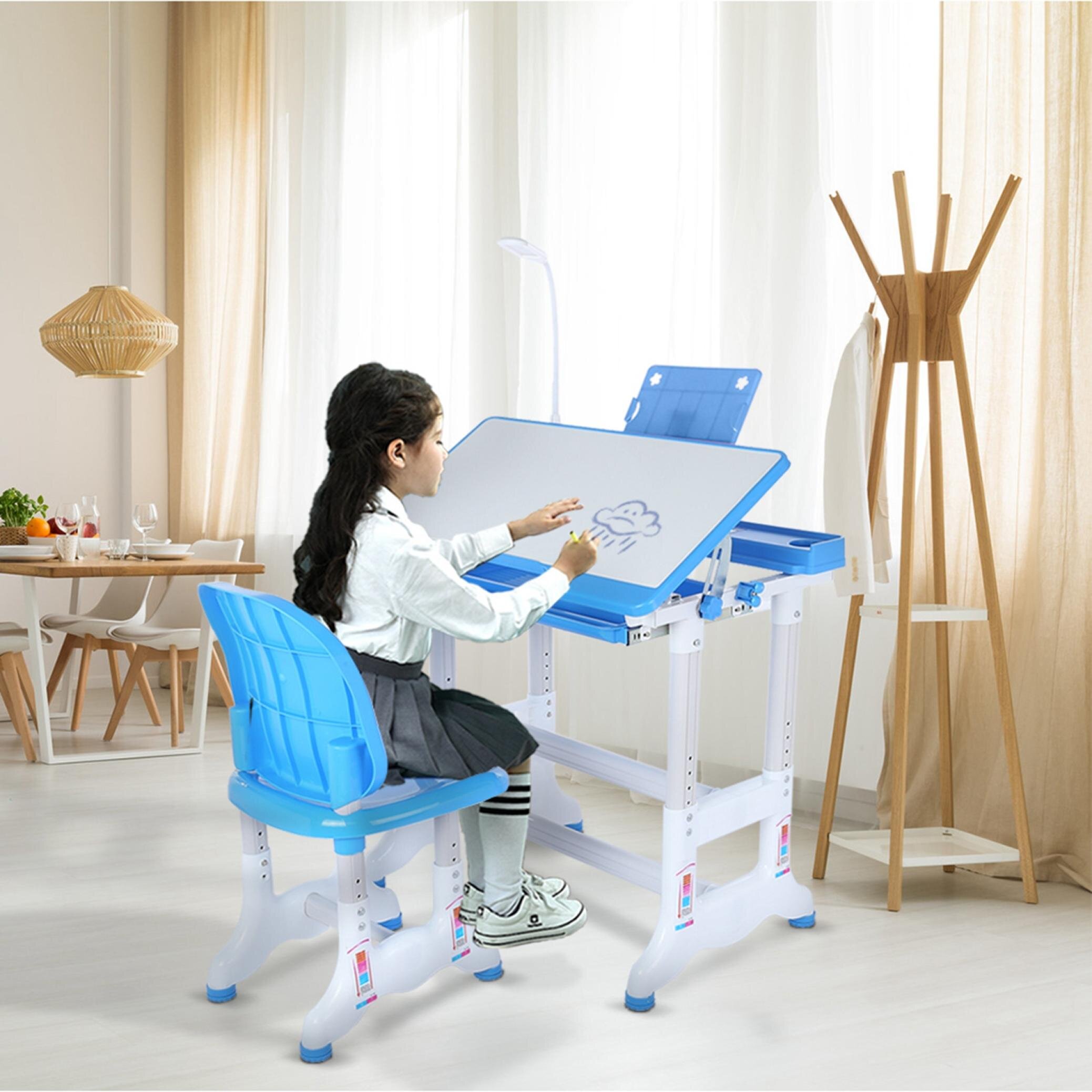 TOPMU Children Desk with LED Light Blue Height Adjustable Kids Study Table and Chair Set Childs Desk w/Lamp School Student Writing Desk w/Pull Out Drawer Storage,Pencil Case,Bookstand 