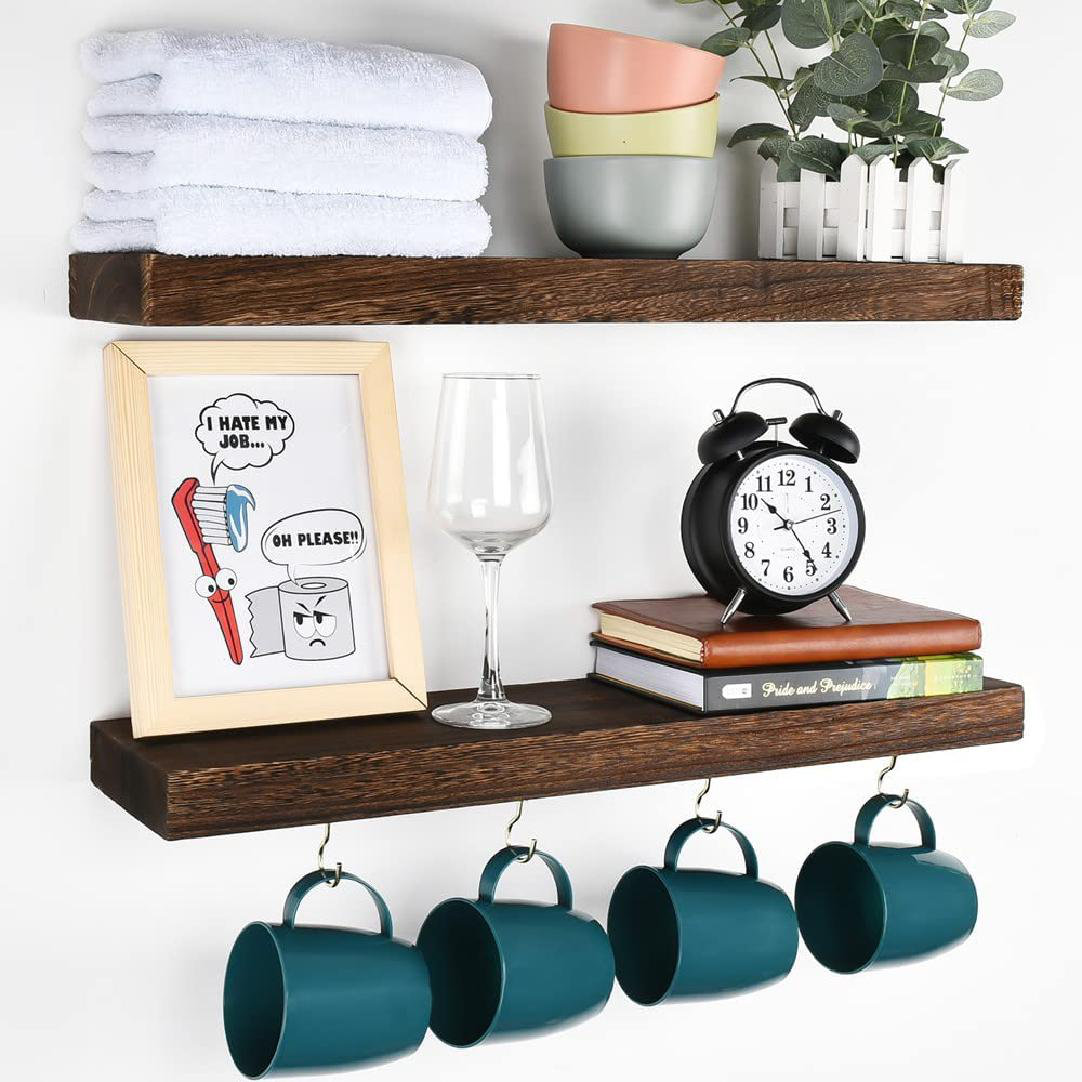 Latitude Run 2 Piece Solid Wood Floating Shelf With Hooks Wayfair   2 Piece Solid Wood Floating Shelf With Hooks 