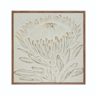 Wood Framed Metal Wall Décor with Embossed Protea and Brush Finish