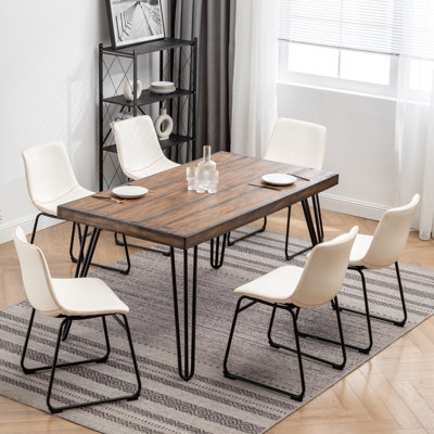 Dorann Industrial 7-Piece Dining Set With Rustic Dark Pine Table And 6 Faux Leather Chairs In Antique White INCOMPLETE 