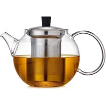 Stovetop Safe Kettle Clear Borosilicate Glass Tea Pot Teapot Set with Infuser 6 Small Extra Double Wall Tea Cups Removable Stainless Steel Strainer for Loose Tea