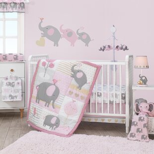 Bumperless 5 Pieces OptimaBaby Pink Grey Elephant Baby Nursery Crib Bedding Set 