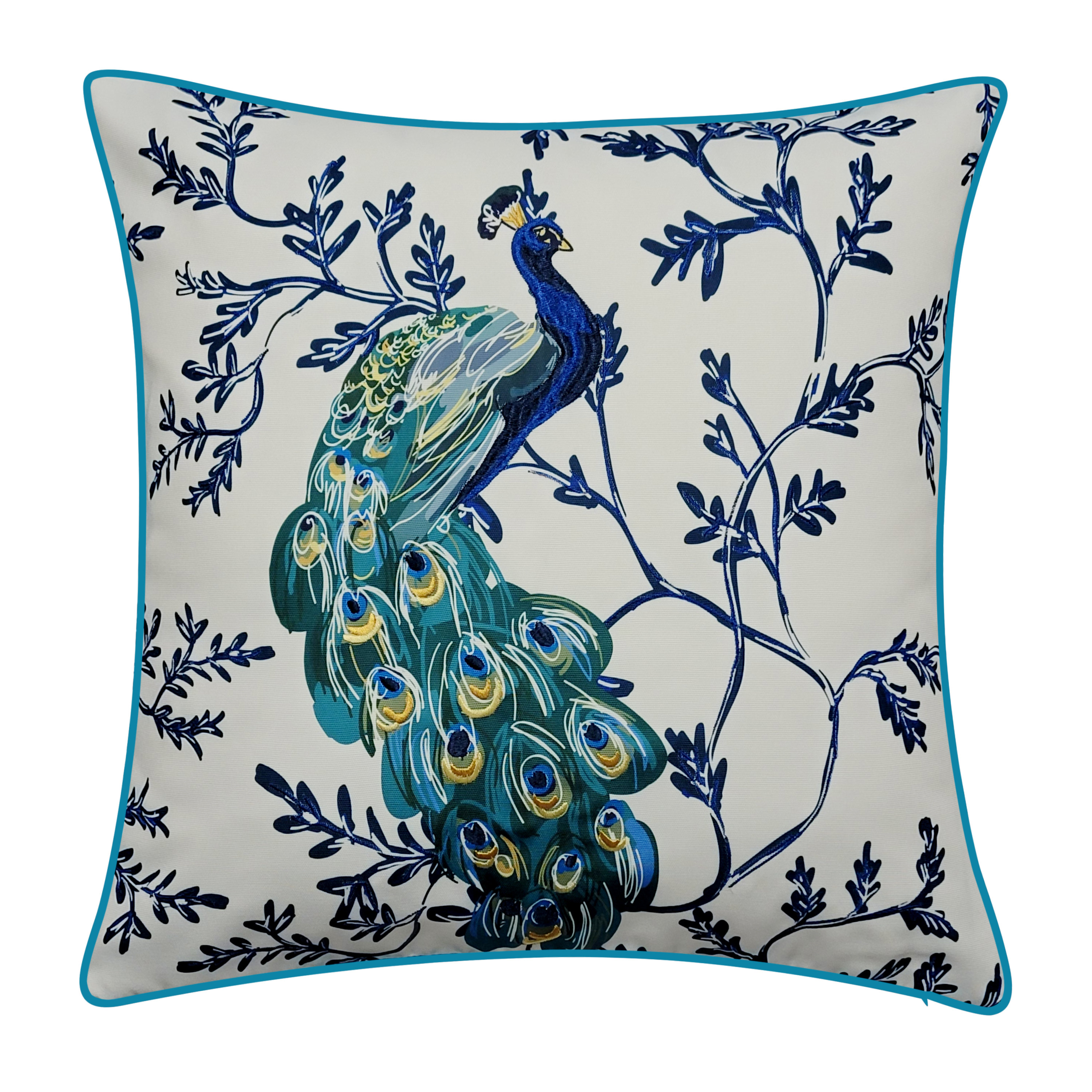 Bungalow Rose Edie Home Indoor Outdoor Peacock Print With Embroidery   Edie Home Indooroutdoor Peacock Print With Embroidery Decorative Throw Pillow 20x20 Turq Multi 