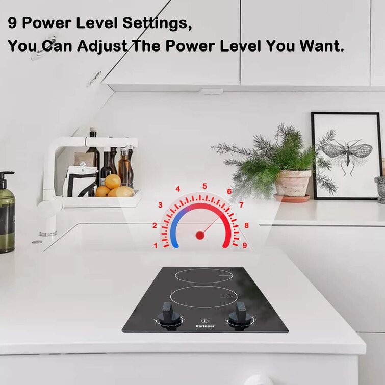 Induction Stove Top Vitro Ceramic Surface with Booster Burner Hard Wired Karinear 12 Inch Induction Cooktop 2 Burner Drop In Electric Cooktop 3500W Pause function 220-240V Child Lock and Timer