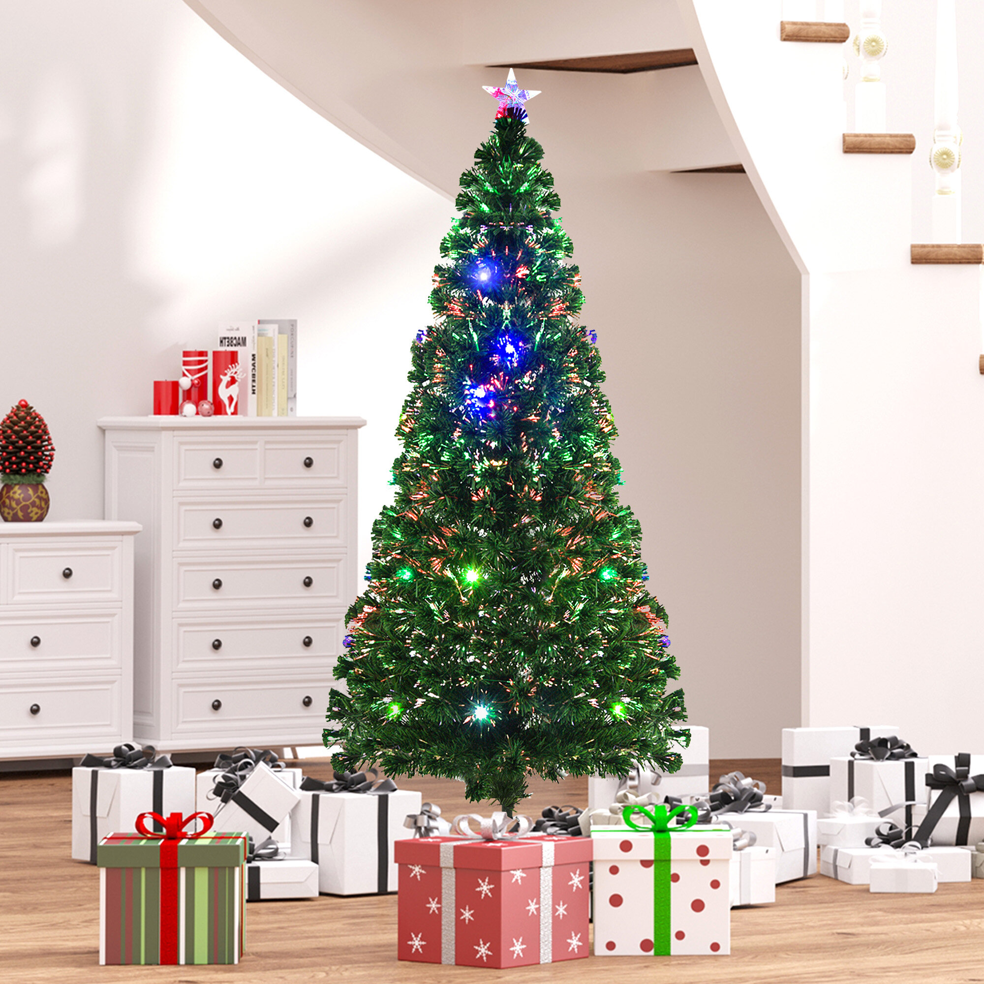 6' Pre-Lit Fiber Optic Artificial Christmas Tree w/Multicolor LED Lights & Stand 