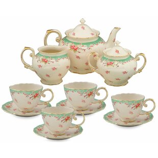 Tea Set English Style GREEN 11 pc Porcelain Teapot Coffee Creamer Vintage Cups 