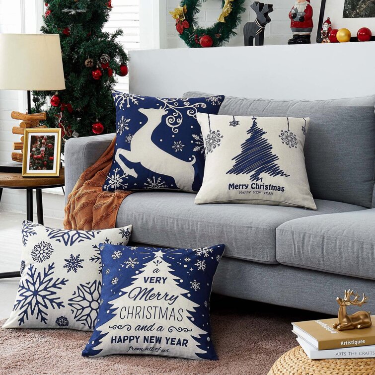 Christmas Blue Pillow Covers Winter Snowflakes 18x18Inches Decorative Throw Pillow Covers Holiday Rustic Outdoor Linen Pillow Case Christmas Tree Square Cushion Case for Bed Sofa Couch Chair Set of 4
