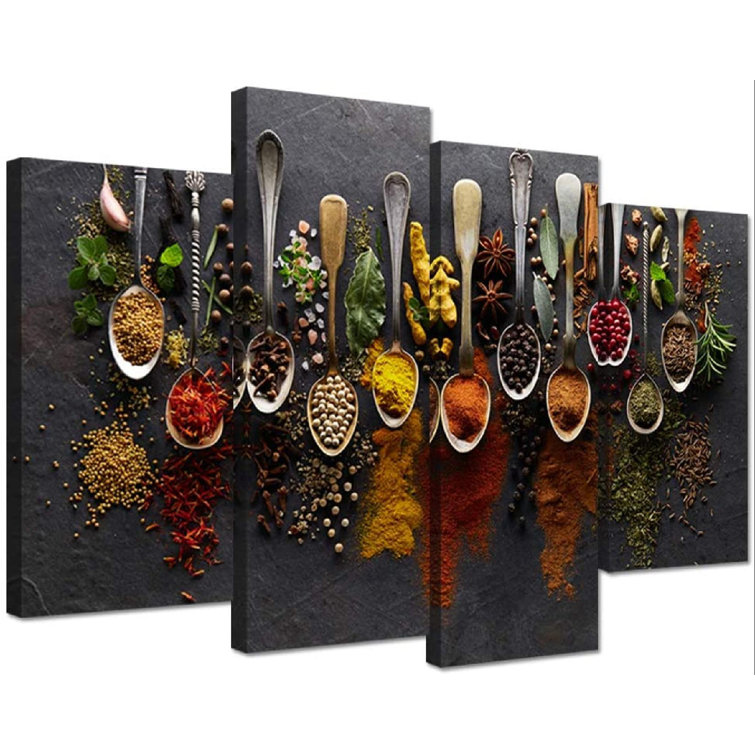 Kitchen Pictures Wall Decor 4 Pieces Couful Spice In Spoon Vintage Canvas  Wall Art Food Photos Painting On Canvas Stretched Framed Home Decoration ...