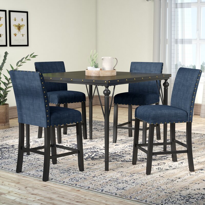Amy Wood Counter Height 5 Piece Dining Set with Fabric Nailhead Chairs