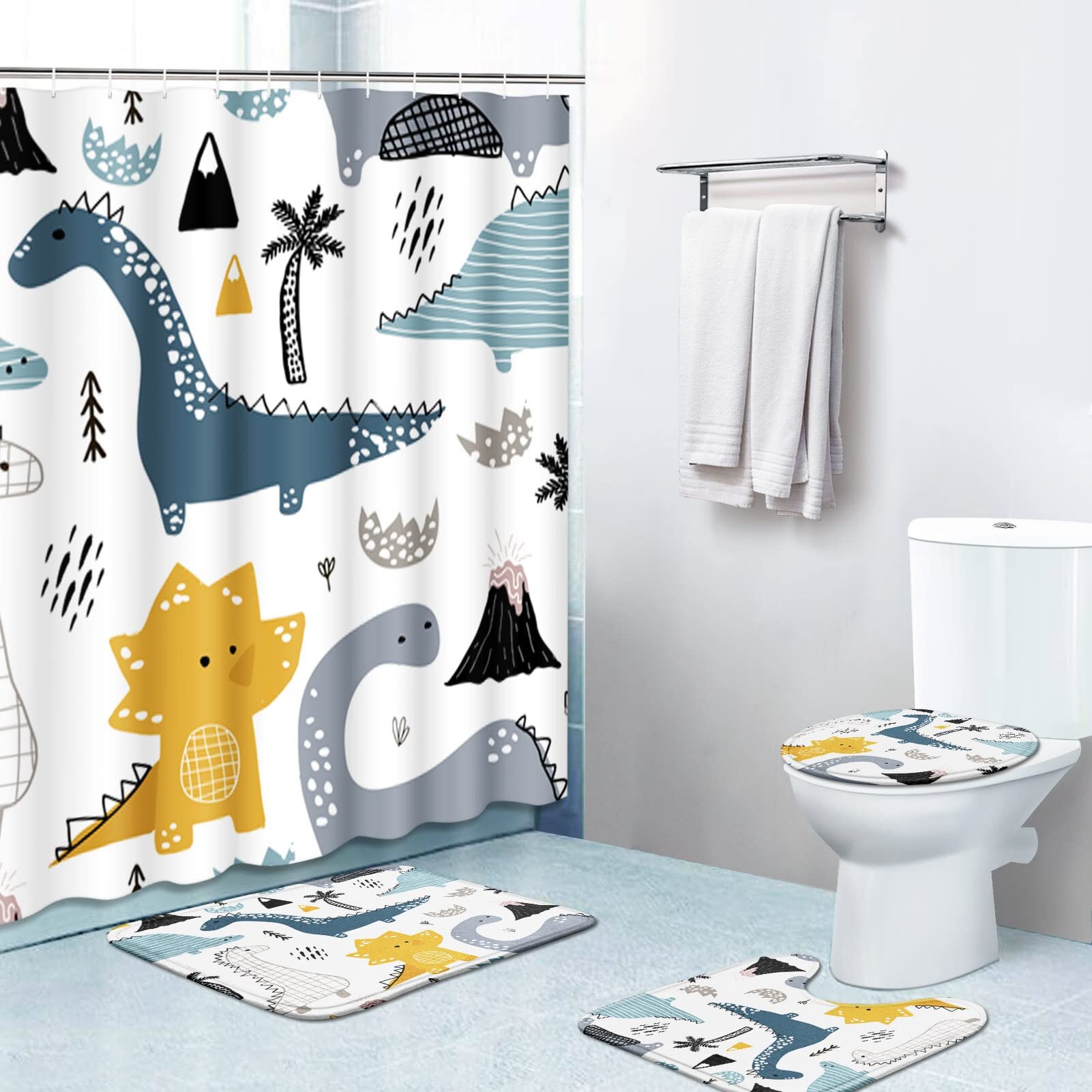 Details about   Children Cartoon Dinosaur Shower Curtain Toilet Cover Rug Mat Contour Rug Set 