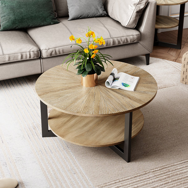 Modern Round Coffee Table Black Color Frame with Walnut Top-36” Practical Solid 