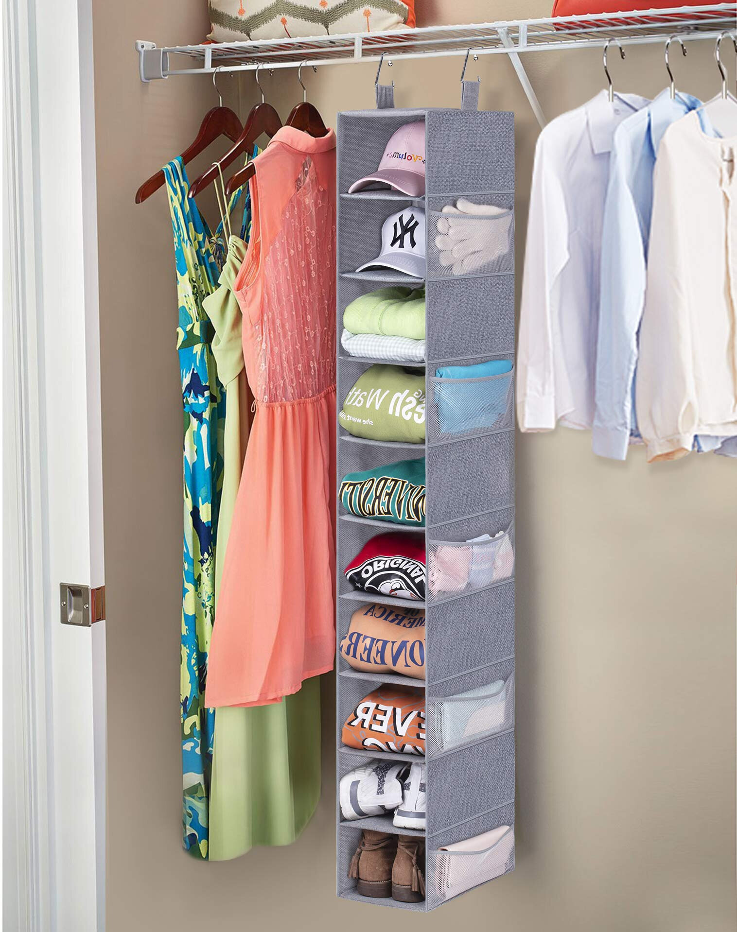 Clothes & Shoes Hanging Cupboard Storage Strong & Durable Hanging Shelves with Metal Hooks Breathable 5-Shelf Hanging Wardrobe Storage Organiser Easy Access Closet Storage System with Pockets