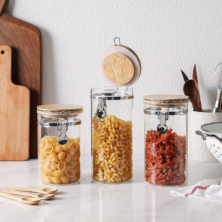 Glass Kitchen Food Storage Jar With Lids And Scoops, Kitchen Canisters,  Storage Canisters With Lids, Bamboo Lids, Bamboo Spoons, Set Of 3